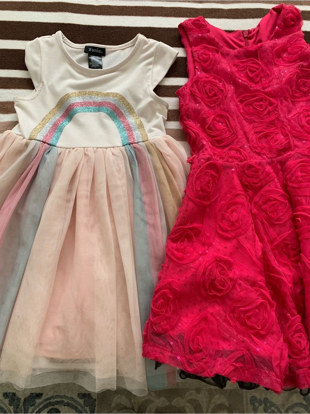Zunie Girls' Cream Dress with Pastel Rainbow & Pink Floral Party Dress